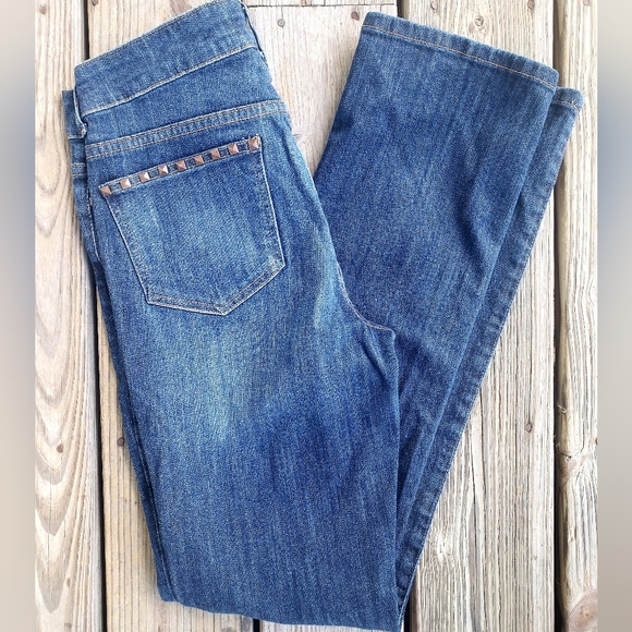 Y2K CACHE PREMIUM Straight Leg Baby Boot Dark Wash Studded Bling Retro Jeans!! - Picture 9 of 10